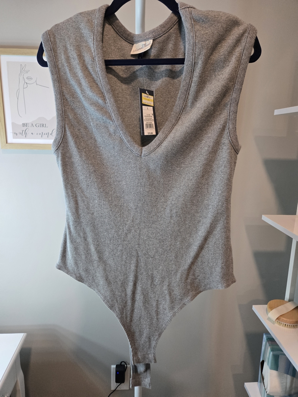 Universal Thread Gray Ribbed V-Neck Sleeveless Bodysuit